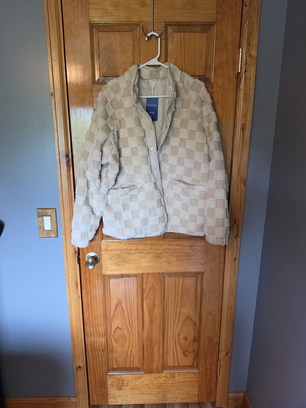 Cream Checkered Teddy Jacket - Plush Snap Front Coat